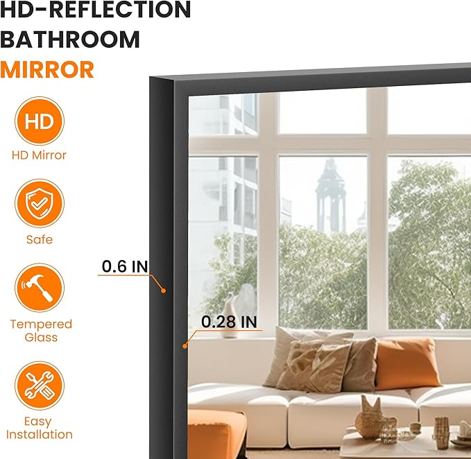TRAHOME Bathroom Vanity Mirror for Wall, 36" x 24" Metal Framed Rectangular Bathroom Wall Mirror for Over Sink, HD Shatterproof Glass, Hangs Horizontally or Vertically(Black)