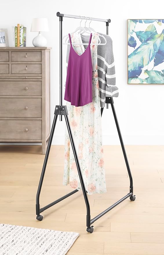 Whitmor Folding Garment Rack - Rolling Clothes Hanger - Adjustable Height - Black