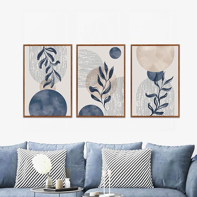 KAIRNE Boho Plant Wall Art Set of 3,Blue Bohemain Framed Canvas,Abstract Geometric Line Wall Painting,Modern Nature Prints,Botanical and Moon Wall Art for Living Room Bedroom Office - 3Pieces,16”X24”