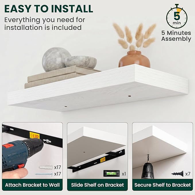Floating Shelves for Wall 55 in x 9.3 in Deep, Wall Mounted Rustic Wood Shelf with Invisible Brackets for Storage & Display, Living Room Bedroom Bathroom, White, 1 Pack