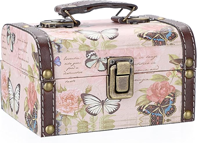 ELLDOO Decorative Treasure Chest Box, Wooden + PU Leather Storage Box for Jewelry Trinkets, Keepsakes box for Girls Women Gifts (Butterfly Pattern, Small)