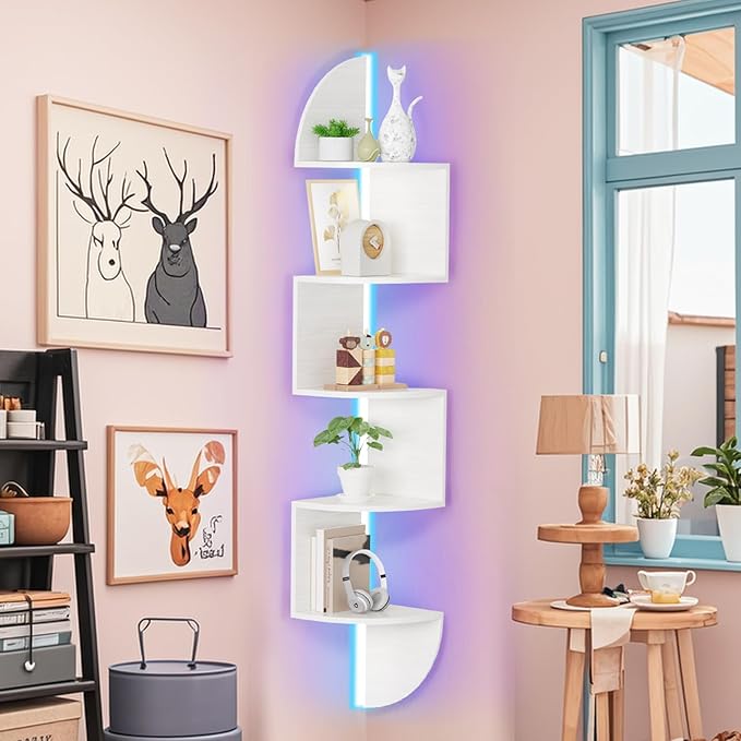 Waipfaru Corner Shelf, 5 Tier Bookshelf with LED Light, Corner Shelf Wall Mounted, Floating Shelves for Wall, Display Stand for Bedroom, Living Room, Bathroom, Home, Office, White