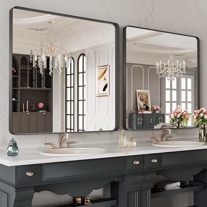 LOAAO 28X32 Inch Black Metal Framed Bathroom Mirror for Wall, Matte Black Bathroom Vanity Mirror Farmhouse, Anti-Rust, Hangs Horizontally or Vertically