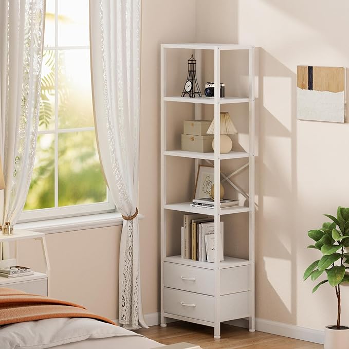 Furnulem 5-Tier Corner Shelf, Narrow Bookshelf with 2 Storage Drawers, Tall Bookcase, Wood Display Standing Shelf Organizer Unit for Living Room, Bedroom, Metal Frame(White)