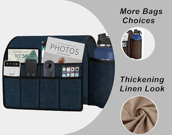 Ntomtuex Sofa Armchair Caddy Remote Control Holder with Water Bottle for Couch Recliner, Armrest Organizer with 7-Pocket Design for Magazines, Eyeglasses, iPad, Phone, Dark Blue