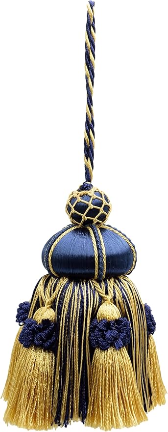 DÉCOPRO Elegant Hand-Crafted 4" (10cm) Key Tassel 3 1/2" (8.5cm) Loop Accented with Crown Tassels (Style# KTAX4) Nautical Gold Multicolor #1152 (Light Gold Yellow Gold Navy Blue) Set of 2