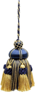 DÉCOPRO Elegant Hand-Crafted 4" (10cm) Key Tassel 3 1/2" (8.5cm) Loop Accented with Crown Tassels (Style# KTAX4) Nautical Gold Multicolor #1152 (Light Gold Yellow Gold Navy Blue) Set of 2