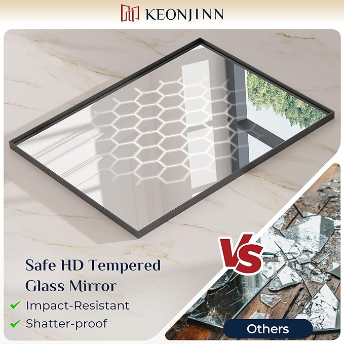 Keonjinn Black Bathroom Mirror 16 x 20 Inch, Metal Framed Small Black Mirror, Rectangular Wall Mount Mirrors Square Corner, Modern Farmhouse Bathroom Vanity Mirrors for Over Sink(Horizontal/Vertical)