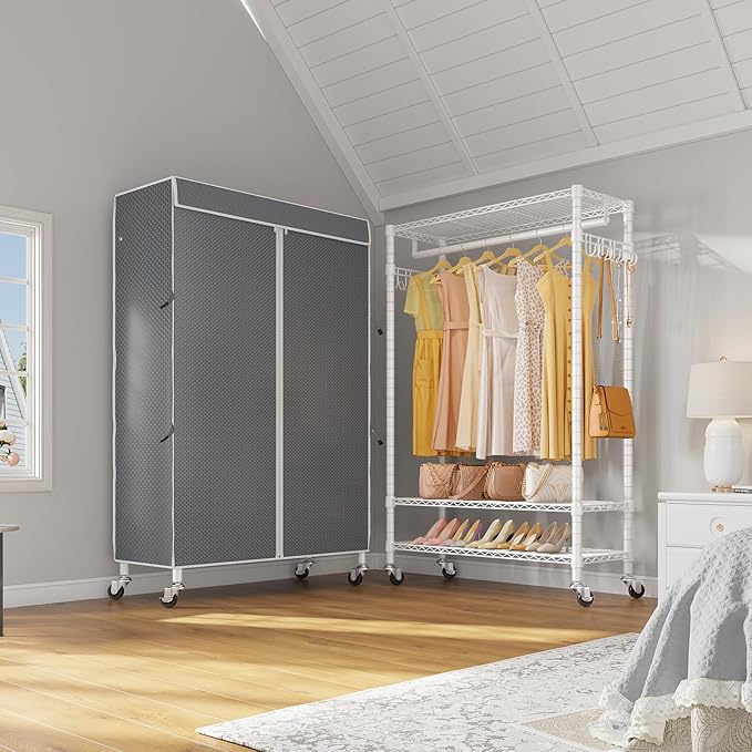 VIPEK R3C Portable Closet with Cover - Heavy Duty Freestanding Clothes Rack with Wheels & Hanging Rod & Side Hooks, 36.6" Lx17.3 Wx72.4 H, White Rack with Grey Upgraded Polyester Cover