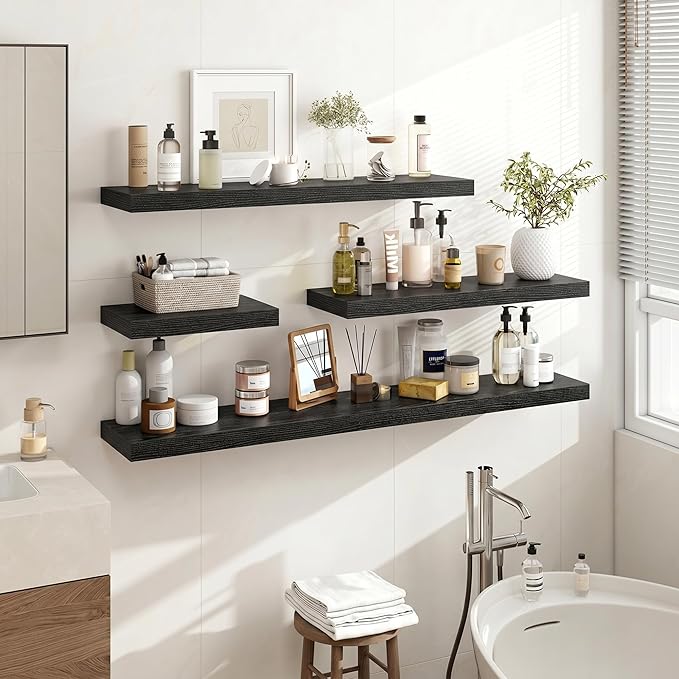 Acovy 16 Inch Floating Shelves, 16"x9.25"x1.5" Inch Deep Floating Shelves for Wall, Wooden Shelves for Bathroom, Bedroom, Living Room, Black