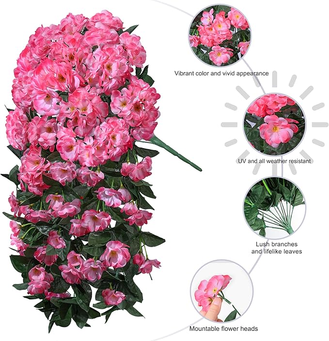 Artificial Fake Hanging Flowers Geraniums for Outdoors Spring Outside Decor, 2 PCS Faux Silk Flowers UV Resistant Outdoor Plants Realistic White Trailing Vines for Planters Porch Patio Garden Balcony