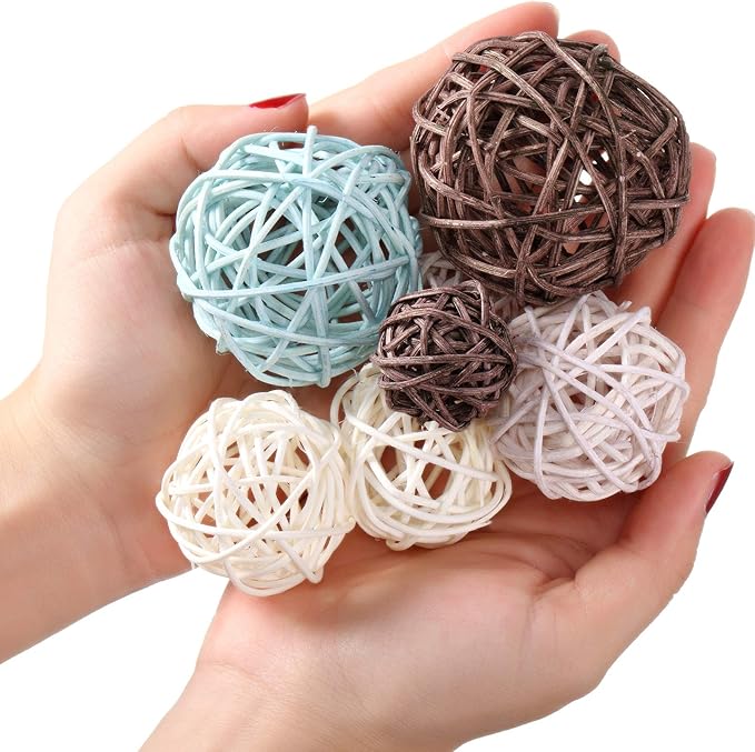 Patelai 36 Pcs Wicker Rattan Balls Decorative Balls for Vase Centerpiece Bowls Orbs Filler for Home Decor,4 Sizes(Blue, Light Brown, Dark Brown, White,2.4'',2'',1.6'',1.2'')