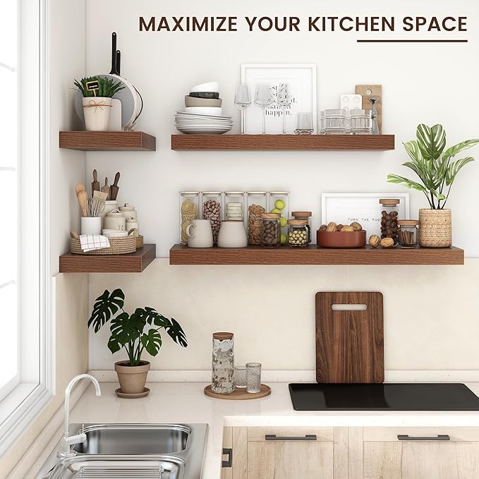 Venusmiles Floating Shelves for Wall, 36" W x 12" D x 2" H, 2 Pack of Long Wall Mounted Engineered Wood Shelves with Invisible Brackets for Living Room, Bedroom, Bathroom, Kitchen Decor, Walnut