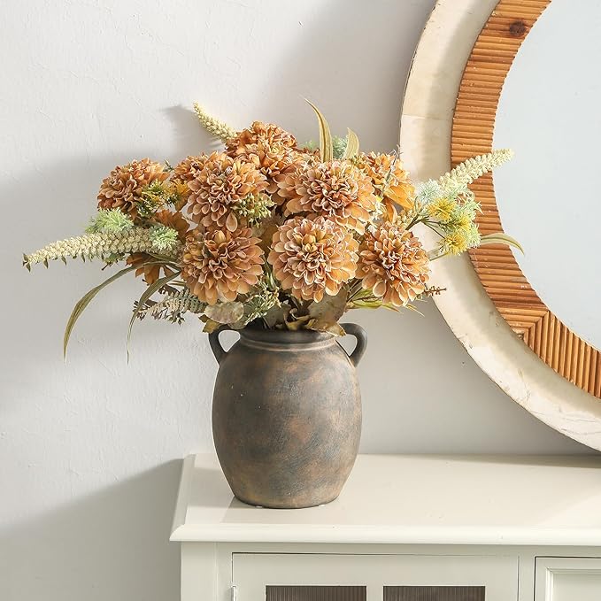 Ceramic Flower Vase 7.6 inch Farmhouse Rustic Vase Decorative Pottery Terracotta Vases for Home Decor Table Mantle Fireplace Living Room Bathroom Wedding Centerpiece (Black)