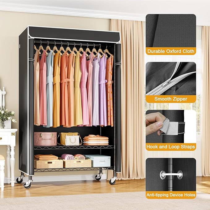 P6C Rolling Clothes Rack with Cover, Covered Clothing Racks Heavy Duty, Portable Closet for Hanging Clothes, Garment Racks on Wheels, Black Closet Rack with Black Cover, Max Load 365LBS