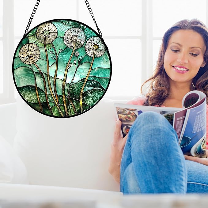 Stained Glass Window Hanging, Green Abstract Lotus Leaves Tree Sun Catcher for Window Door Home Decor Plant Suncatcher Christmas Mother's Day Birthday Gifts for Women Men Mom Nana 15 in