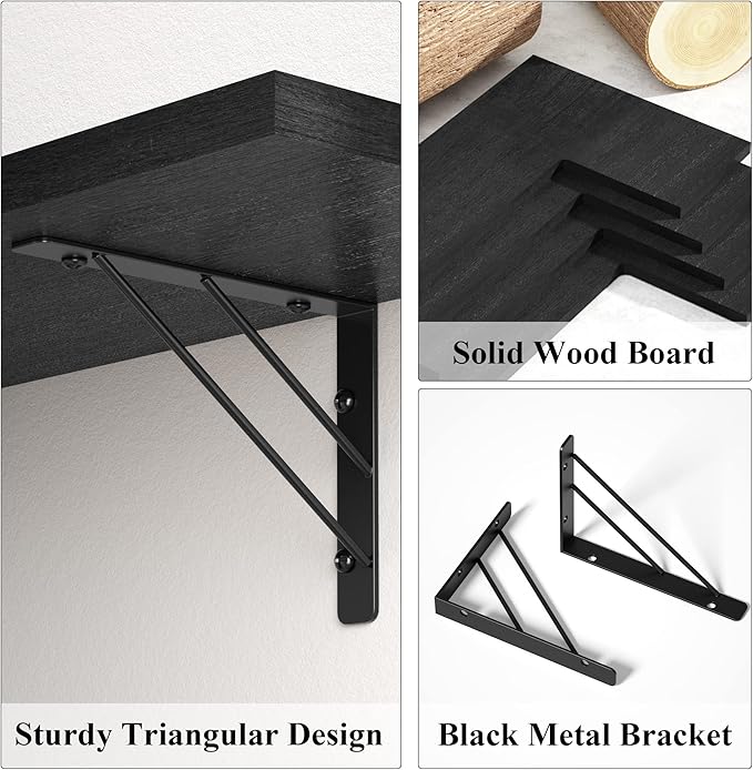 Love-KANKEI Corner Shelf Wall Mounted,Floating Wall Shelves for Storage,Rustic Wood Hanging Shelves for Display,Bathroom Kitchen Bedroom Living Room,Set of 4,Black