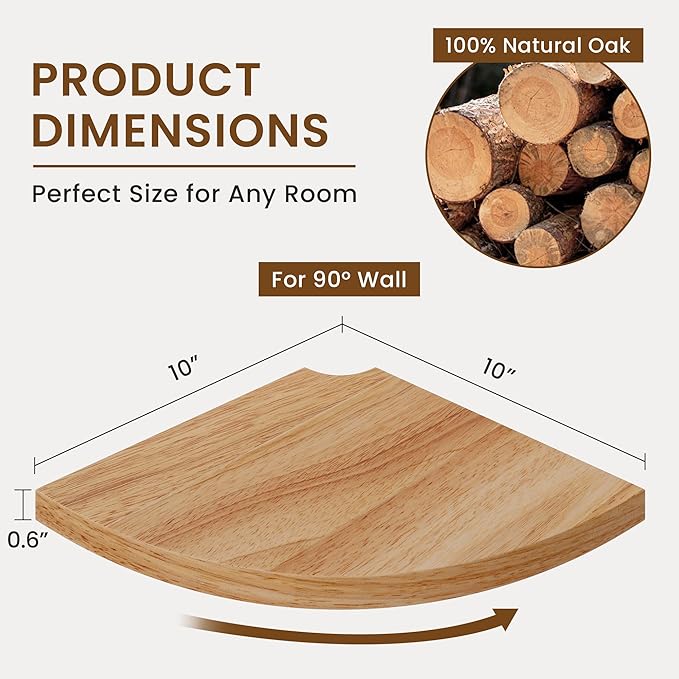 Fun Memories Corner Shelf Wall Mount Set of 2 - Solid Oak Wood Floating Corner Shelf with Cable Hole, 10in Rustic Design for Bedroom, Living Room, Kitchen (Natural)