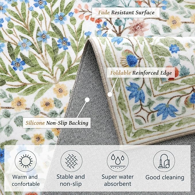 Light Green 5x7 Area Rug - Vintage Floral Washable Bedroom Rug for Living Room, Nursery, Dining Room - Low Pile, Non-Slip, Stain Resistant, Retro Indoor Floor Rug