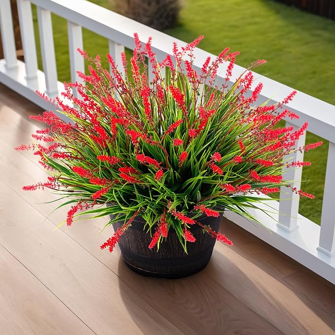 Artificial Faux Plants Flowers for Outdoor Decorations, Fake Monkey Grass for Outside Porch Patio, No Fade Realistic Greenery Plant, UV Resistant Artificial Bush Shrubs for Courtyard Window Garden
