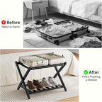 Fully Assembled Black Luggage Rack, Suitcase Stand with Shoe Shelf, Folding Wooden Luggage Stand for Guest Room, Bedroom, Hotel