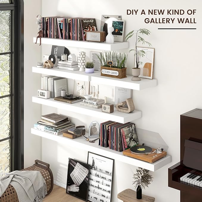 Venusmiles Floating Shelves for Wall, 36" W x 12" D x 2" H, 2 Pack of Long Wall Mounted Engineered Wood Shelves with Invisible Brackets for Living Room, Bedroom, Bathroom, Kitchen Decor, White