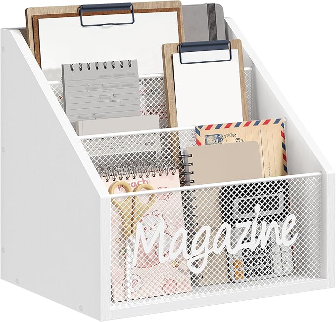 YATINEY Magazine Holder, Wood Magazine Rack Floor, Mail Organizer Countertop, Magazine Mail Holder Sorter, Record Holder for Magazines, Books, Newspapers, Tablets, White MR02WW