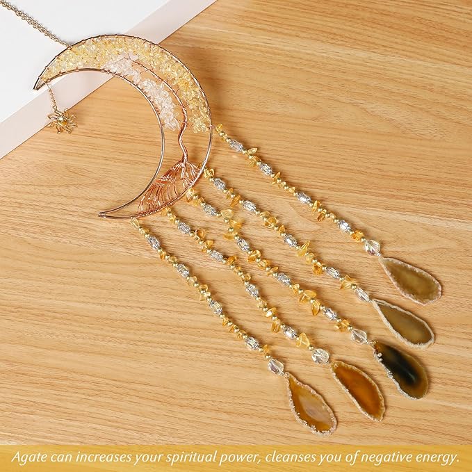 Agate Gemstone Dream Catcher 7 Chakra Tree of Life Dream Catcher with Rainbow Crystal Stones Handmade Dreamcatcher Wall Decor for Adults Boys Girls,Bedroom,Wedding,Garden,Bless Gift(Gold Moon)