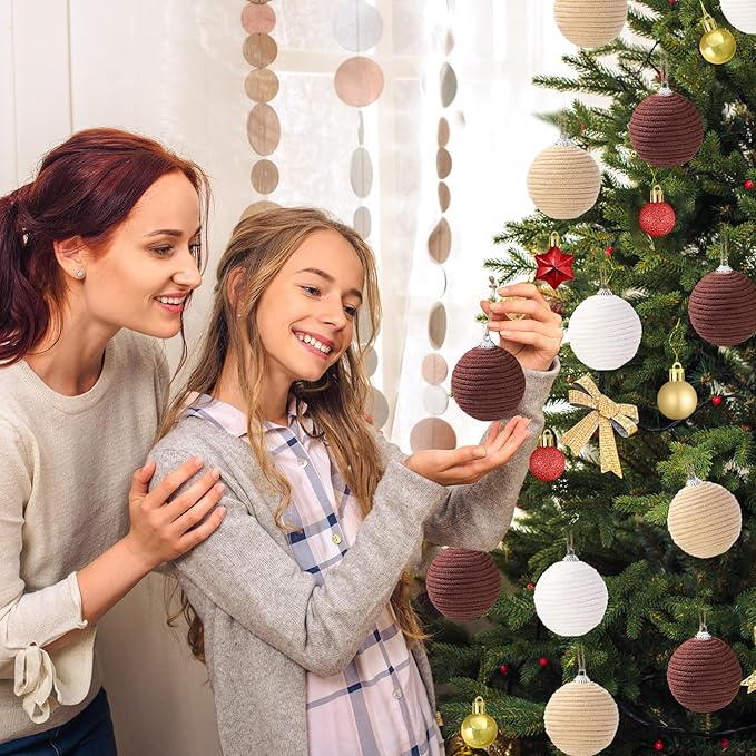 JOICEE 9 Pcs Boho Christmas Ball Ornaments Set, Jute Rope Hanging Balls Neutral Rustic Ornaments Christmas Ball Decoration for Xmas Tree Wreath Garland Party Farmhouse Decor(White,Beige,Dark Brown)