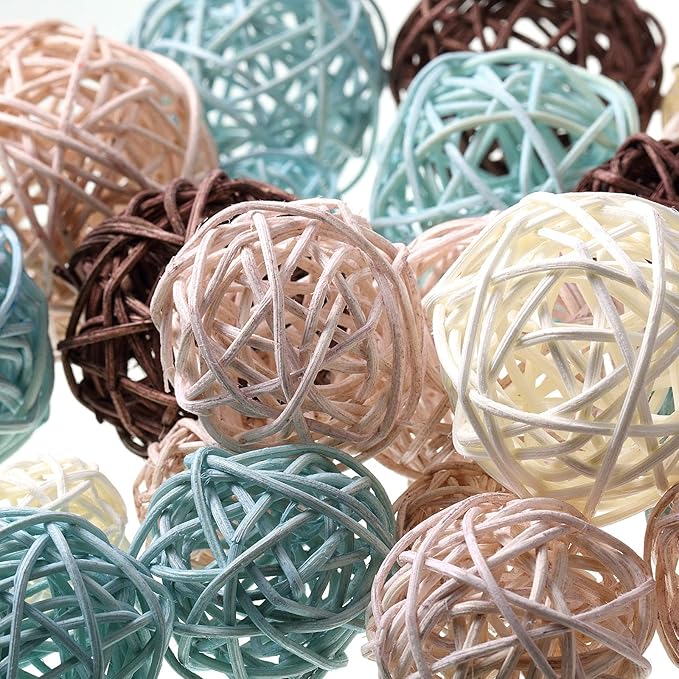 Patelai 36 Pcs Wicker Rattan Balls Decorative Balls for Vase Centerpiece Bowls Orbs Filler for Home Decor,4 Sizes(Blue, Light Brown, Dark Brown, White,2.4'',2'',1.6'',1.2'')