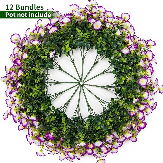 Lnoicy Artificial Flowers for Outdoor 12 Bundles Eucalyptus Fake Flowers for Planter,UV Resistant Fake Morning Glory for Home/Porch/Garden Decoration（Purple/White）