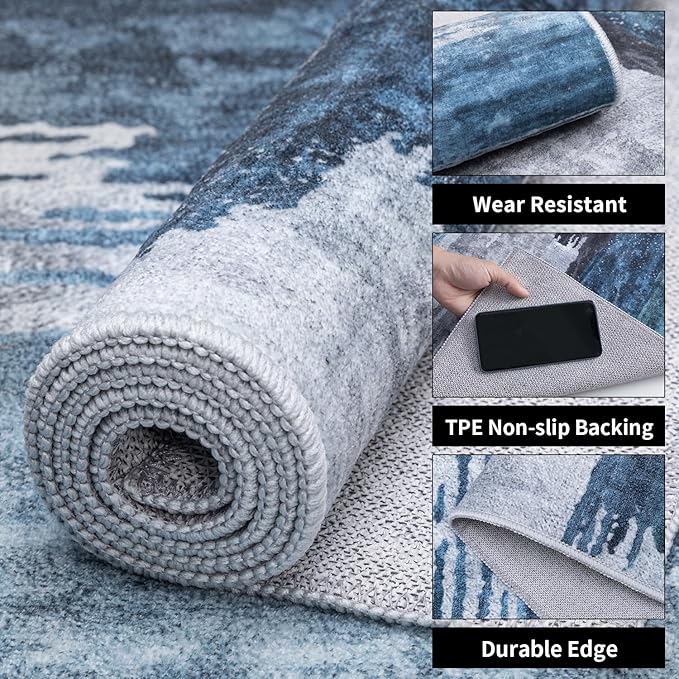 Ciicool 2x6 Washable Runner Rug, Modern Abstract Hallway Rugs Runner, Non-Slip Thin Accent Rug Lightweight Navy Grey Print Distressed Carpet for Laundry Entryway Bedroom Kitchen Bathroom Indoor