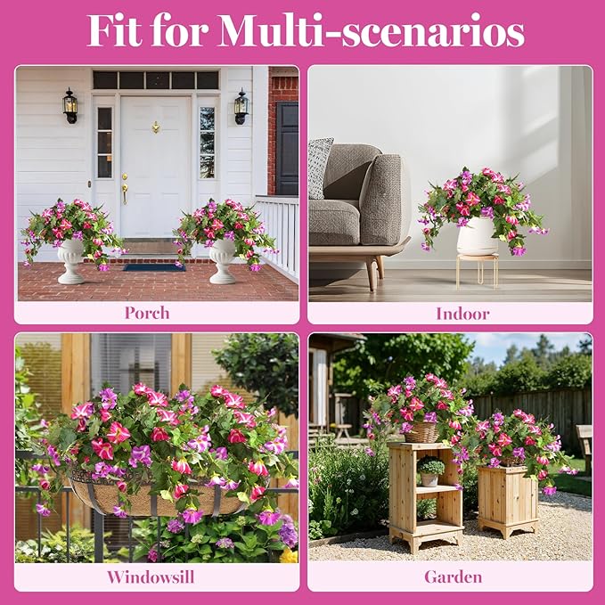 Artificial Morning Glory Fake Flowers for Outdoor Planter Decoration, 2 Pcs Petunias Realistic UV Resistant Faux Silk Flowers for Garden Balcony Porch Indoor Decor (Fuchsia)