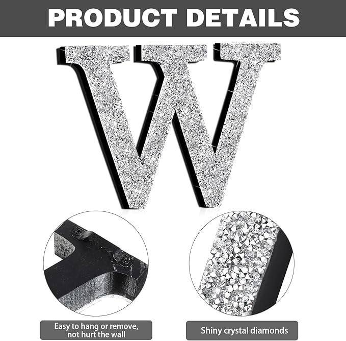 Qunclay 5.7" Silver Crystal Diamond Bling Letters Crushed Diamond Decoration Wooden Glitter Letter with Screw and Hooks Rhinestone Gift for Wedding Y2k Mcbling Bedroom Wall Decor (Letter W)