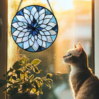 Stained Glass Suncatcher, Blue White Multi-Petal Flowers Sun Catcher Landscape Stain Glass Window Hanging Decoration Mother's Day Birthday Gifts for Women Men Mom Nana 9.8 in