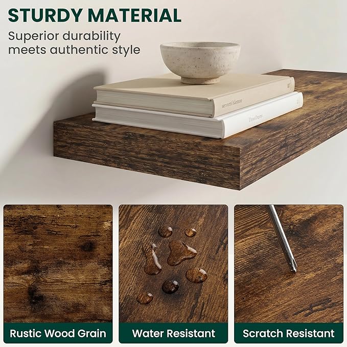 Floating Shelves for Wall 36 in x 9.3 in Deep, Wall Mounted Rustic Wood Shelf with Invisible Brackets for Storage & Display, Living Room Bedroom Bathroom, Brown, 2 Pack