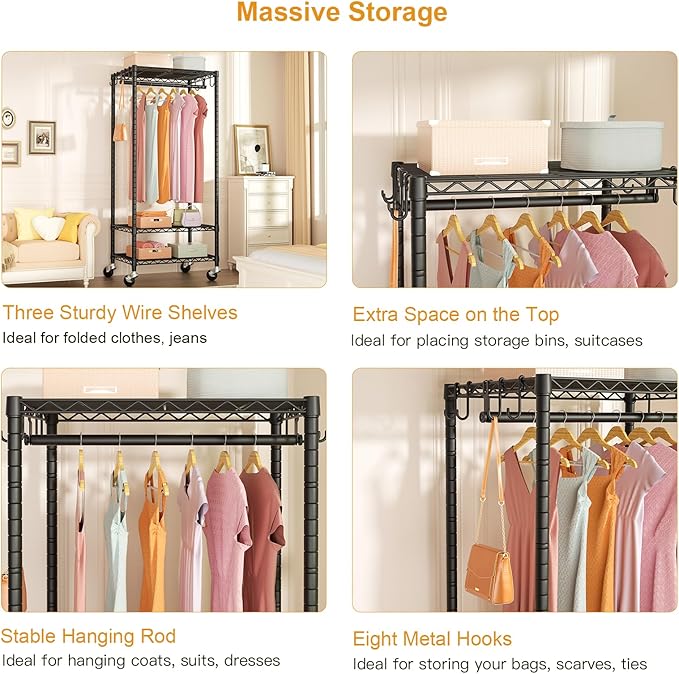 FUTASSI P6 Mini Rolling Clothes Rack Heavy Duty, Clothing Racks for Hanging Clothes, Freestanding Garment Rack with Wheels, Portable Closet Rack Max Load 360LBS, 23.6''W x 14''D x 74.6''H, Black