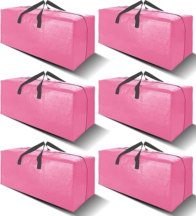 6 Pack Heavy Duty Extra Large Moving Bags W/Backpack Straps - Strong Handles & Zippers, Storage Totes For Space Saving, Fold Flat, Alternative to Box and Bin (40 gal, Pink)
