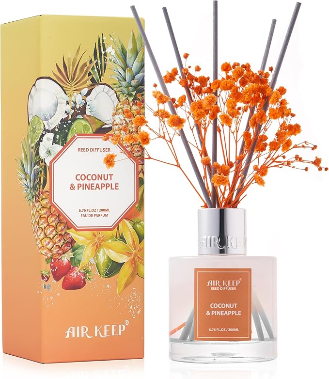 Airkeep Reed Diffuser Set,6.76 fl oz (200 ml) - Coconut & Pineapple Oil Diffusers with 8 Reed Sticks, Home Fragrance Reed Diffuser for Bathroom Shelf Decor