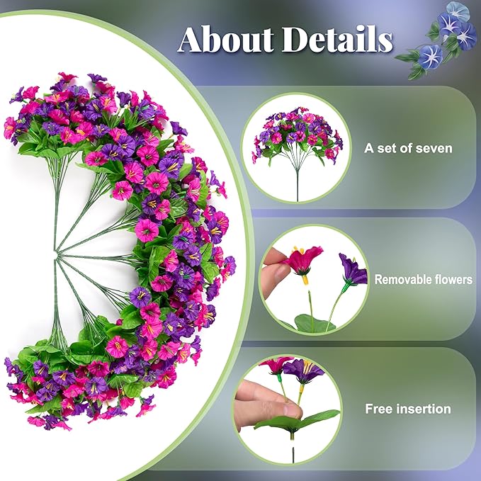 Artificial Fake Hanging Flowers with Basket, Faux Silk Morning Glory Flower Arrangement for Spring Summer Decor, Hanging Plant for Patio Garden Porch Outdoor Decor