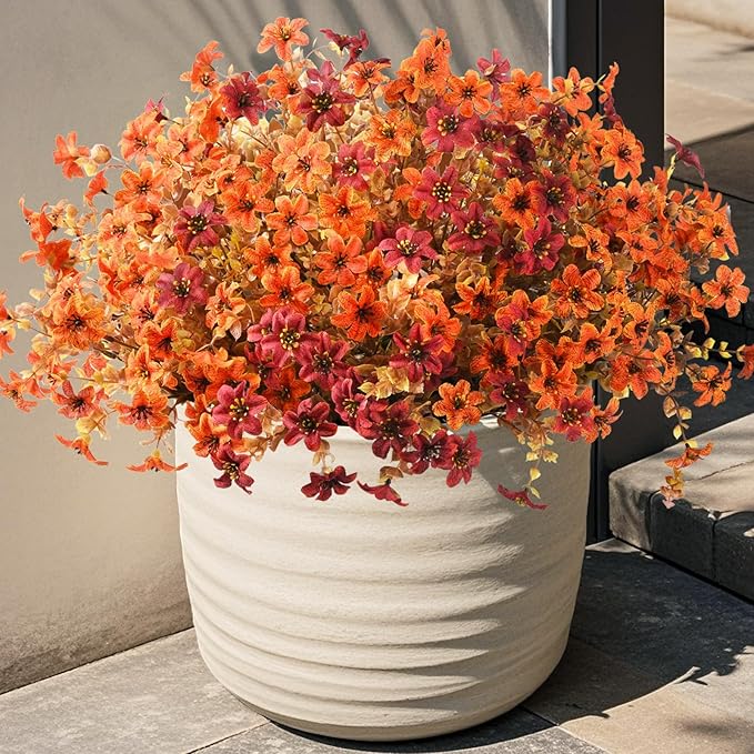 Homsunny Artificial Mums Fake Flowers for Outdoors Decoration, 12 Bundles Realistic Silk Daisy Faux Plants UV Resistant Decor for Home Garden Porch Patio Yard Balcony Window (Orange Brown)