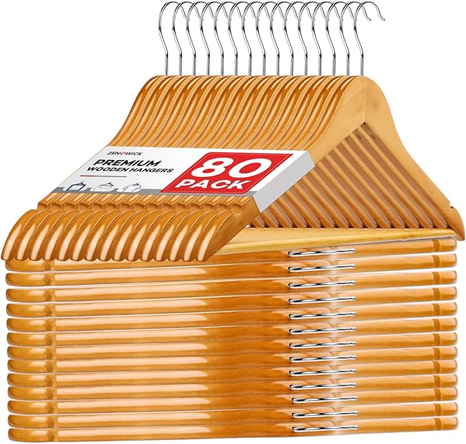 Wooden Hangers 80 Pack,Wood Hangers for Coats, Suits, Jackets, Closet & Pants Durable Premium Wood Hangers with 360-Degree Rotatable Hook and Notches, Natural