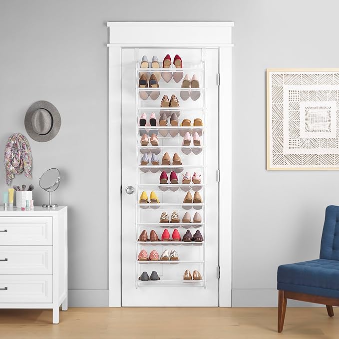 Whitmor 36 Pair Over The Door Shoe Rack, 12 Tier Hanging Shoe Organizer, Heavy Duty Metal & Mesh Shoe Holder, Hanging Shoe Rack for Closet Organizer & Storage, 69" L x 21.7" W x 7.5" H, White