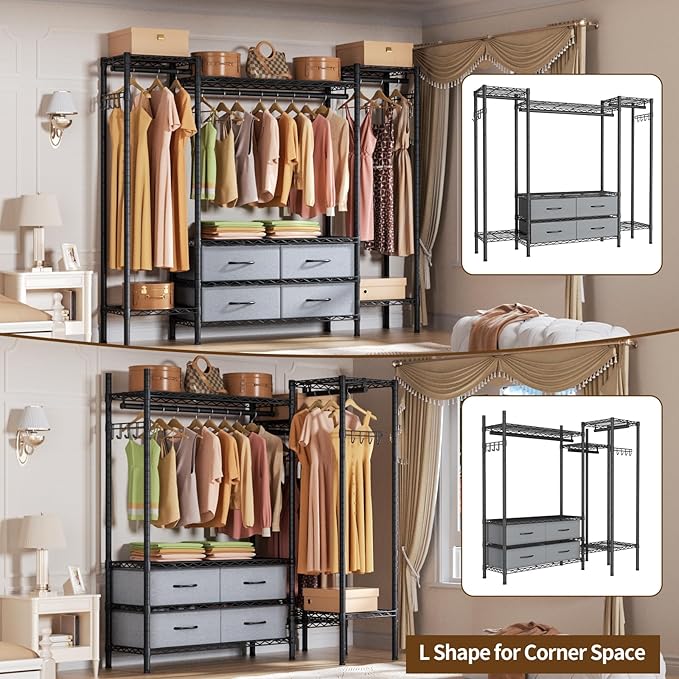 Heavy Duty Garment Rack Clothes Rack,Large Metal Closet Organizer System Storage Wardrobe,Freestanding Clothing Rack with 8 Adjustable Wire Shelves&3 Hang Rods,MaxLoad 900lbs