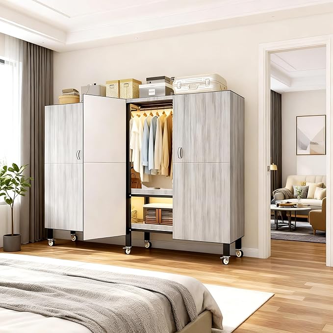 Heavy Duty Portable Closet with Cover Magnetic Doors, Metal Rolling Clothes Rack Heavy Duty 1500LBS, Foldable Clothing Rack, Garment Racks for Bedroom/ LivingRoom/ Rental (KT Woodgrain Gray, 66.14in)