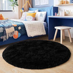 3'x3' Black Round Rug for Bedroom, Ultra Soft Fluffy Circle Rug for Kids Girls Boys Room, Cute Small Shag Rugs for Living Room Playroom Teen Room Home Decor Rug