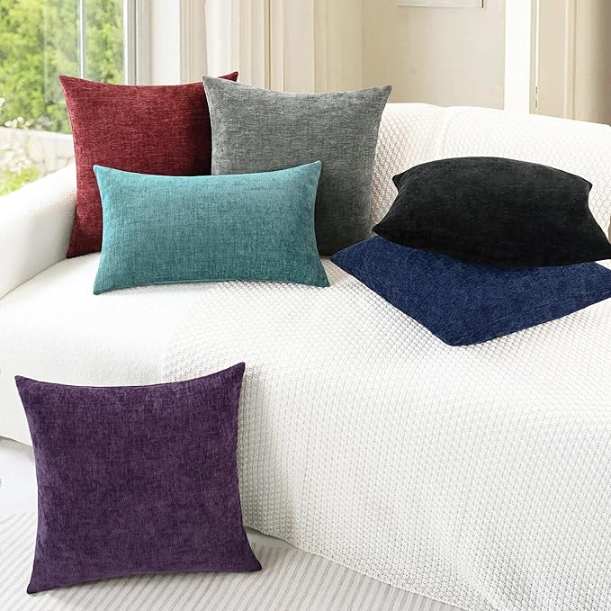 CaliTime Throw Pillow Covers Decorative 18 X 18 Inches Pack of 2 Cozy Chenille Cushion Cases for Couch Sofa Bed Living Room Home Plum Purple