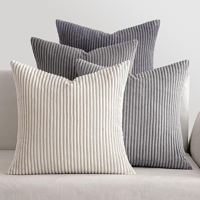 MIULEE Pack of 4 Neutral Grey Gradient Decorative Throw Pillow Covers 18x18 Inch Soft Boho Striped Corduroy Pillow Covers Modern Farmhouse Home Decor for Sofa Living Room Couch Bed