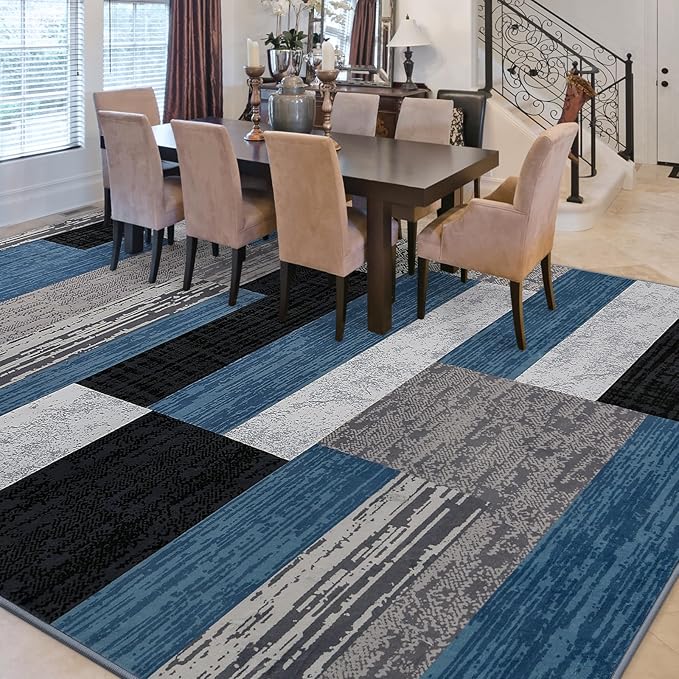 FlyDOIT Modern Geometric Patchwork Area Rug, 6x9 Blue Large Rugs for Living Room, Rockwood Collection Indoor Rugs for Bedroom, Throw Carpet Floor Decor for Entryway Dining Room Office Nursery