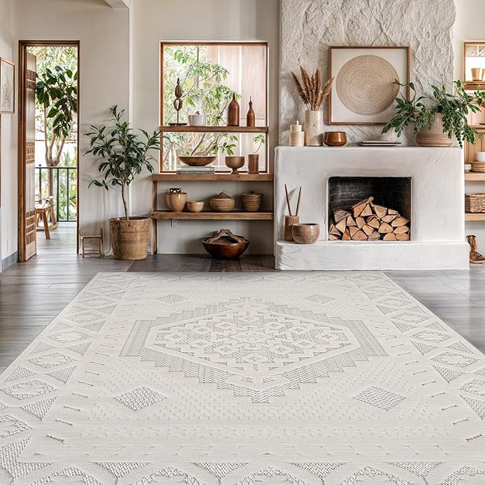 Modern Micro Loop Indoor Area Rugs for Living Room Bedroom Kitchen Geometric Trellis White 9x12 Luxury Durable Low and High Pile Non-Shedding Stain Resistant Soft Area Carpet 9 x 12